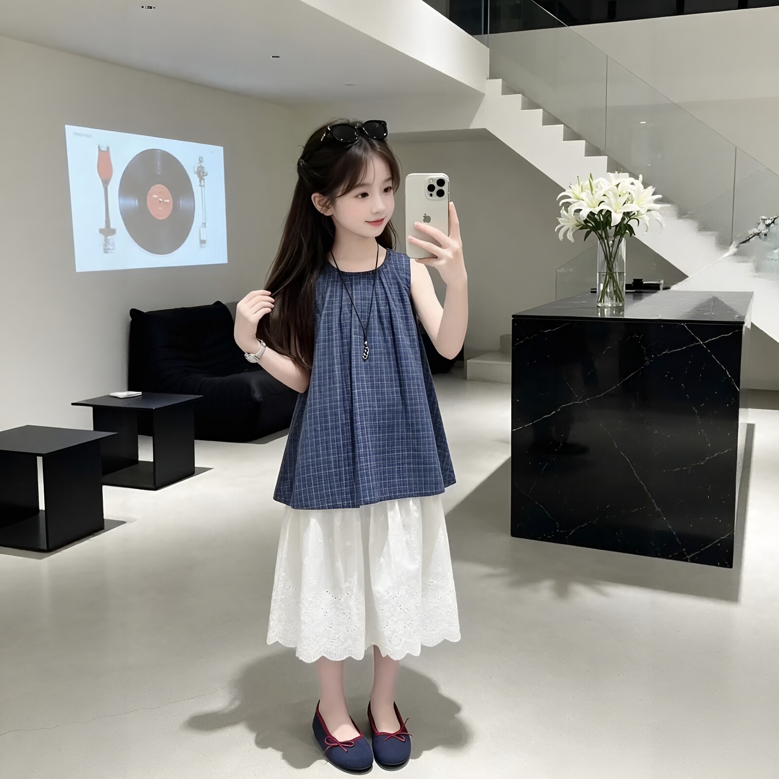 夏季新款女童超好看韩系叠穿格子背心娃娃衫半身裙中大童两件套潮