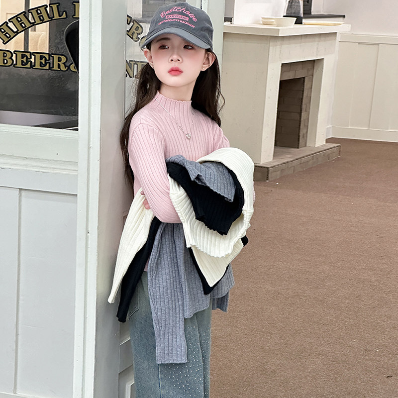女童毛衣时髦打底衫弹力秋冬内搭半高领纯色简约气质百搭针织衫韩