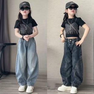 女童烫钻圆领修身短袖个性复古做旧设计感牛仔弯刀阔腿裤炸街套装