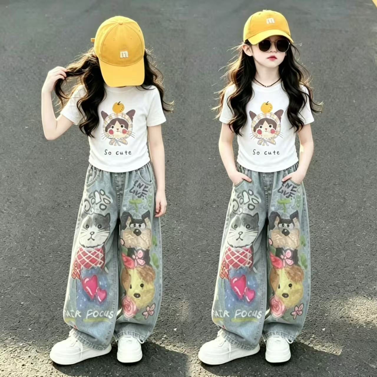 女童卡通猫咪短袖涂鸦牛仔裤套装