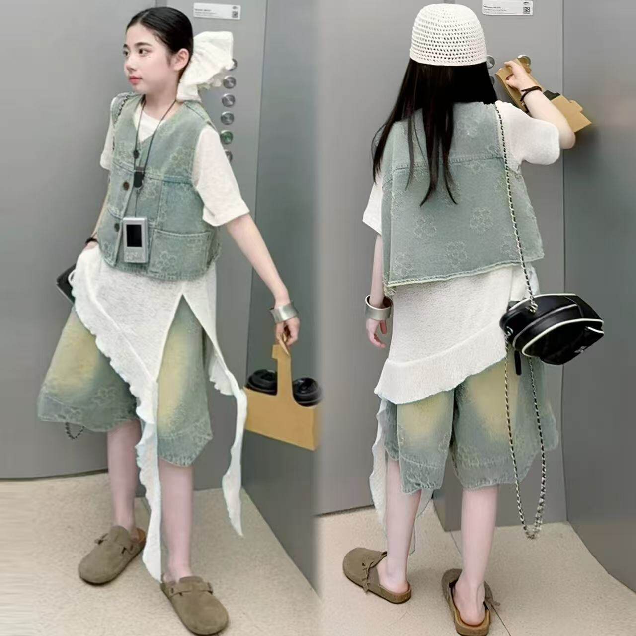 女童牛仔马甲开叉短袖中裤三件套