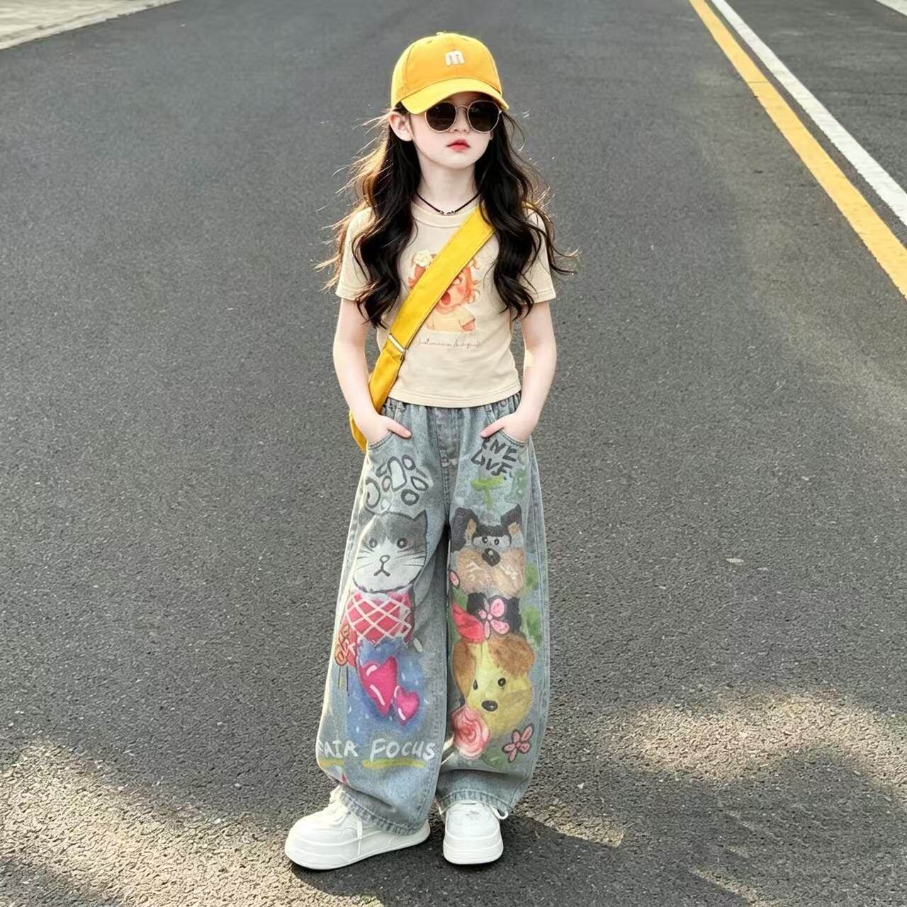 女童潮酷夏季套装美式复古动物涂鸦个性牛仔裤短袖中大童洋气穿搭