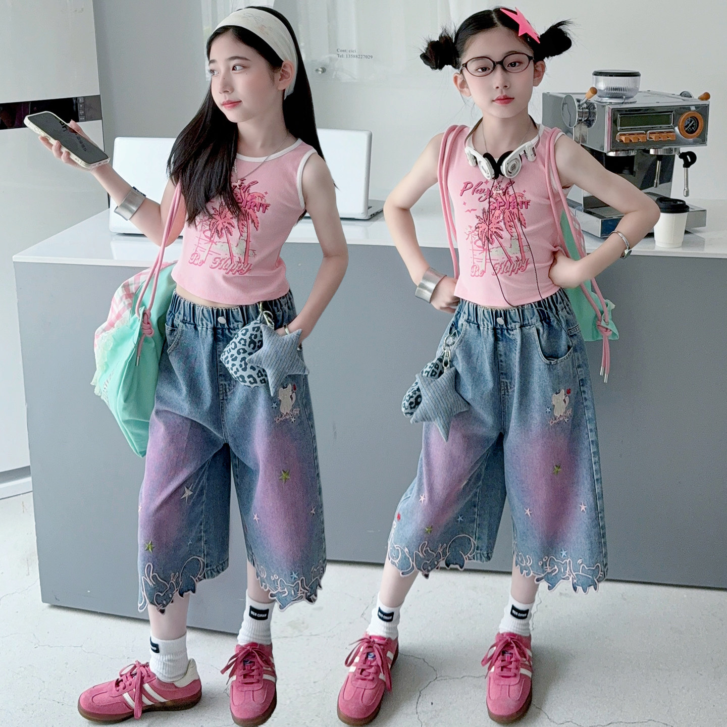 女童粉色背心牛仔七分裤套装