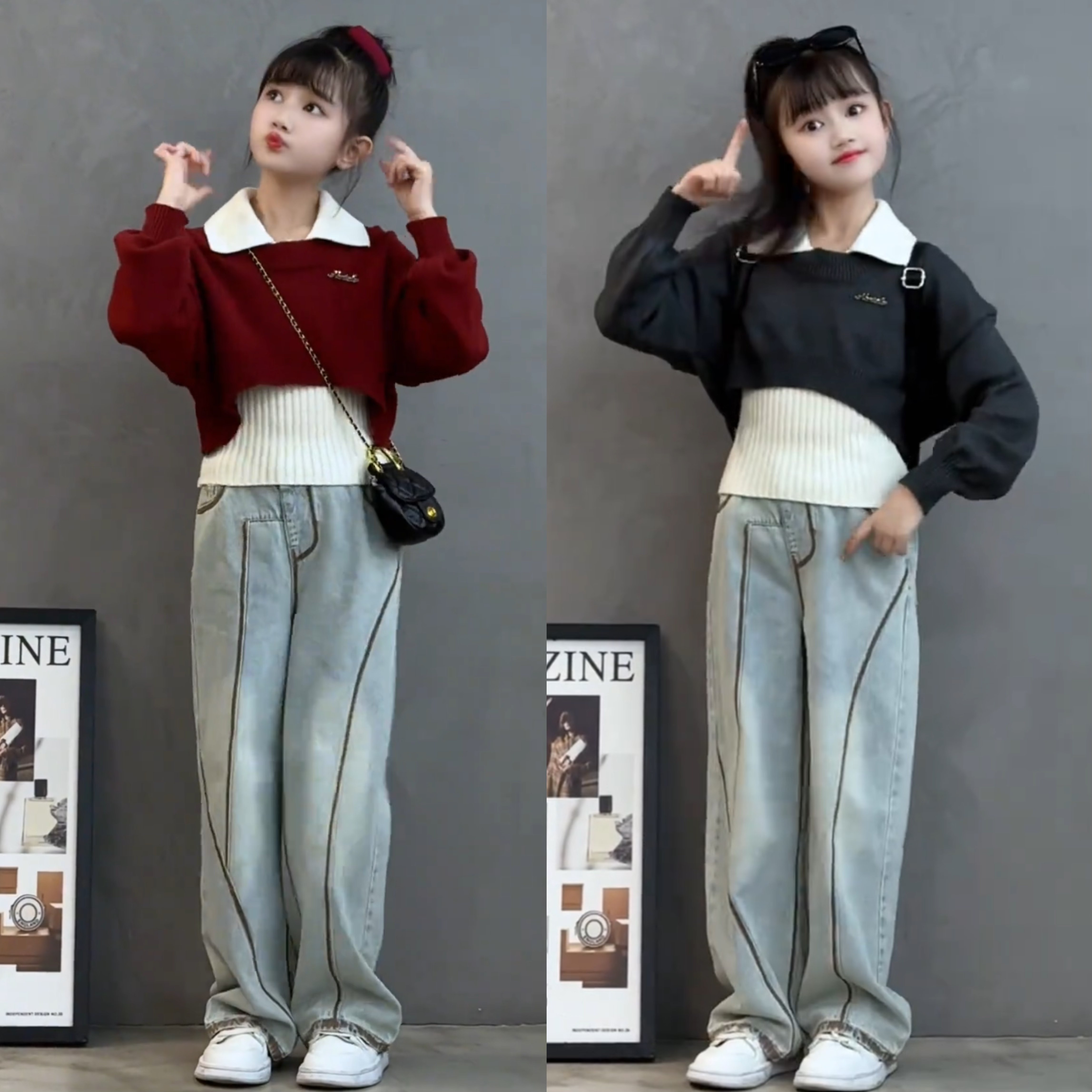 2025秋冬女童POLO领短款安哥拉红毛衣设计感个性牛仔阔腿裤套装潮,童装/婴儿装/亲子装,套装,淘宝优惠券,粉丝福利购,淘宝优惠卷