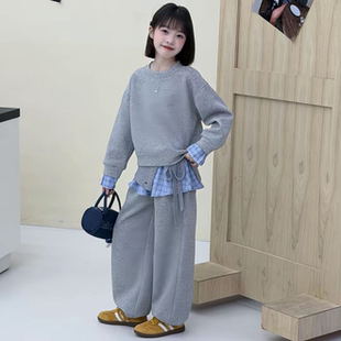 2026春秋新款复古拼接假两件卫衣套装女童设计感格子屁帘卫裤两件