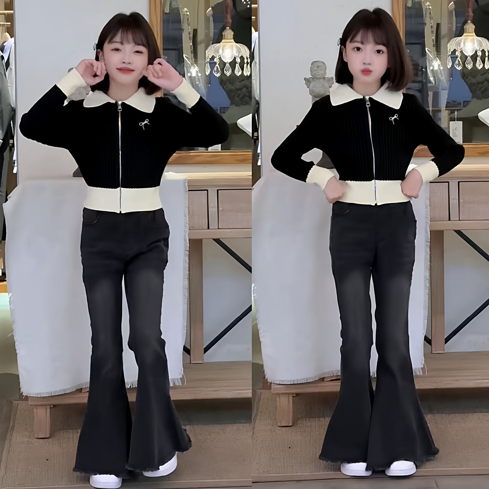 女童黑白撞色POLO领蝴蝶结刺绣短款开衫毛衣显瘦牛仔喇叭裤套装韩