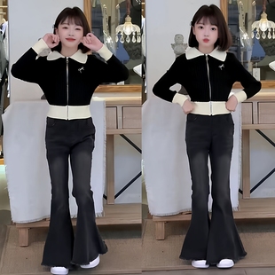 女童黑白撞色POLO领蝴蝶结刺绣短款开衫毛衣显瘦牛仔喇叭裤套装韩