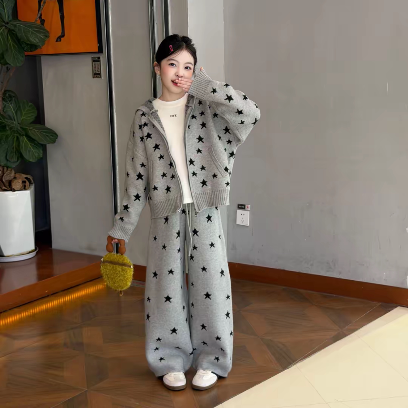 女童连帽兔耳朵开衫阔腿裤套装
