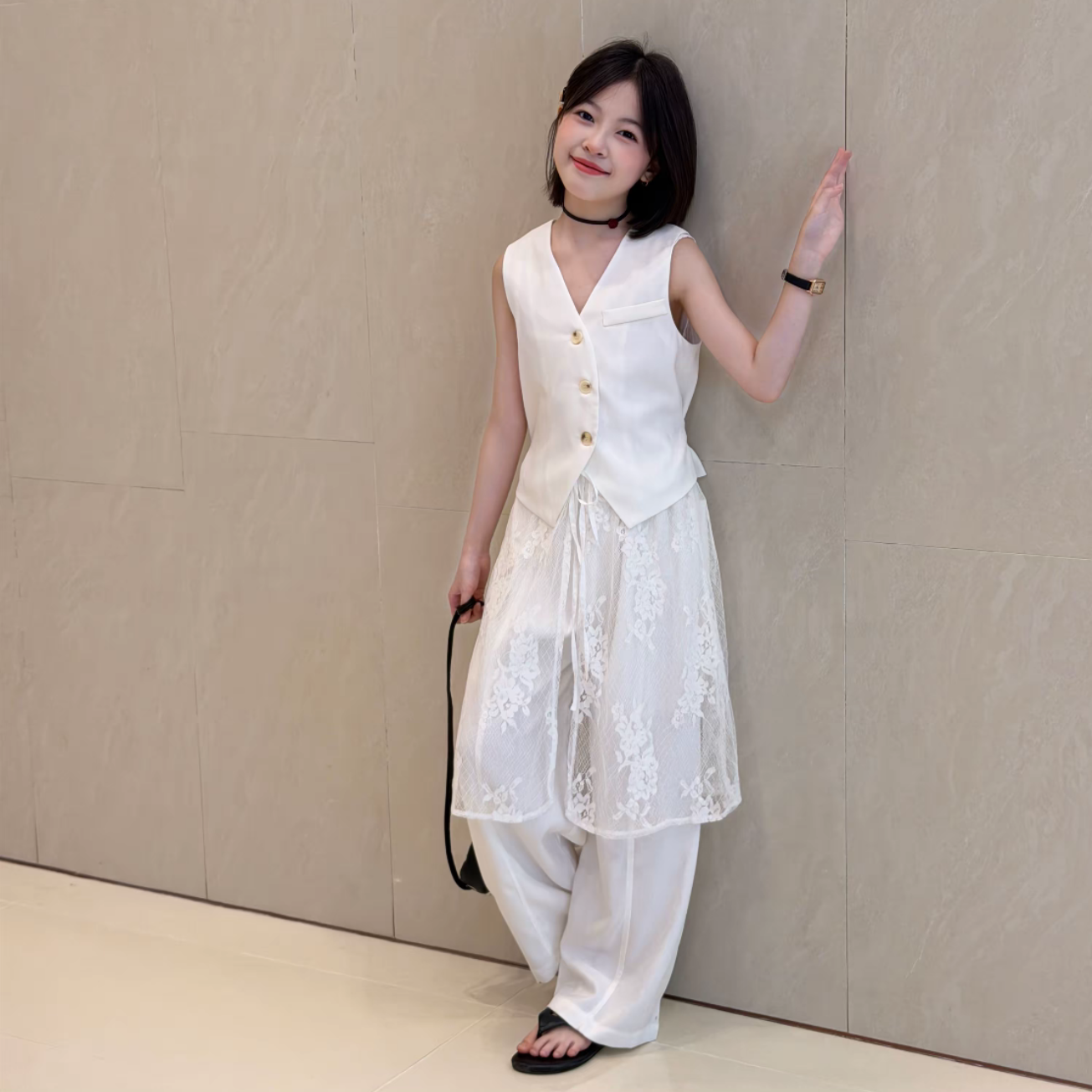 女童气质V领马甲阔腿裤套装