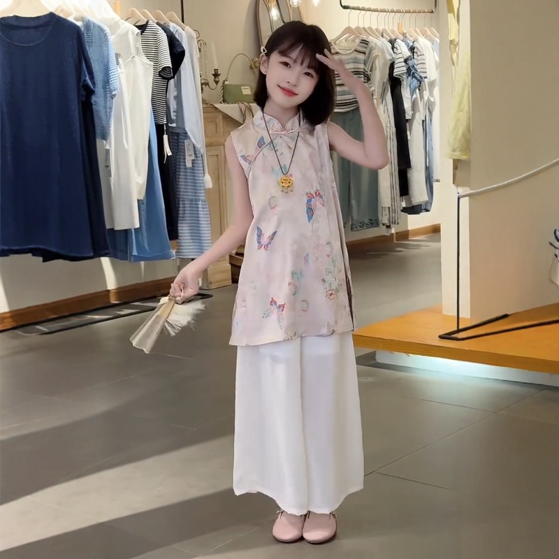 女童夏季超好看无袖新中式复古提花旗袍背心阔腿裙裤气质国风套装