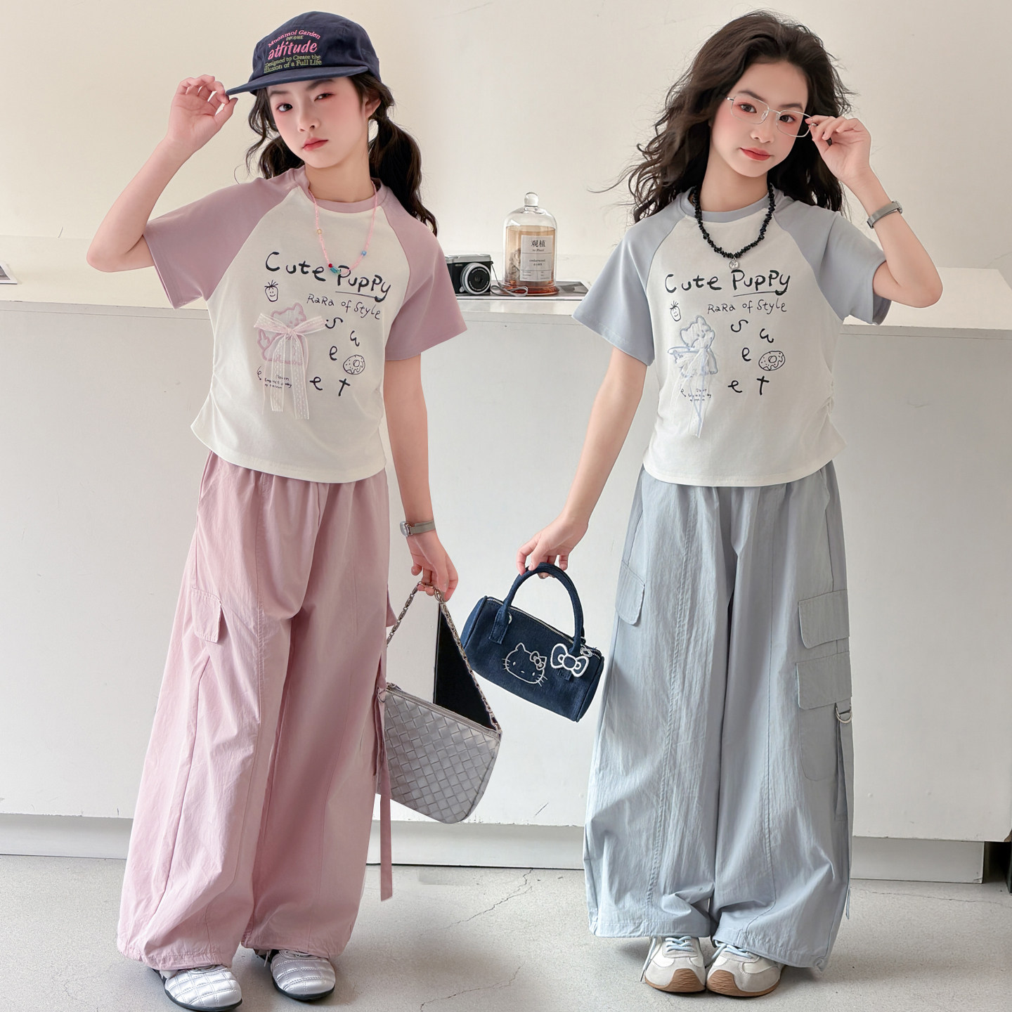 夏季女童套装时尚拼色卡通短袖薄款工装阔腿裤初中生运动两件套潮