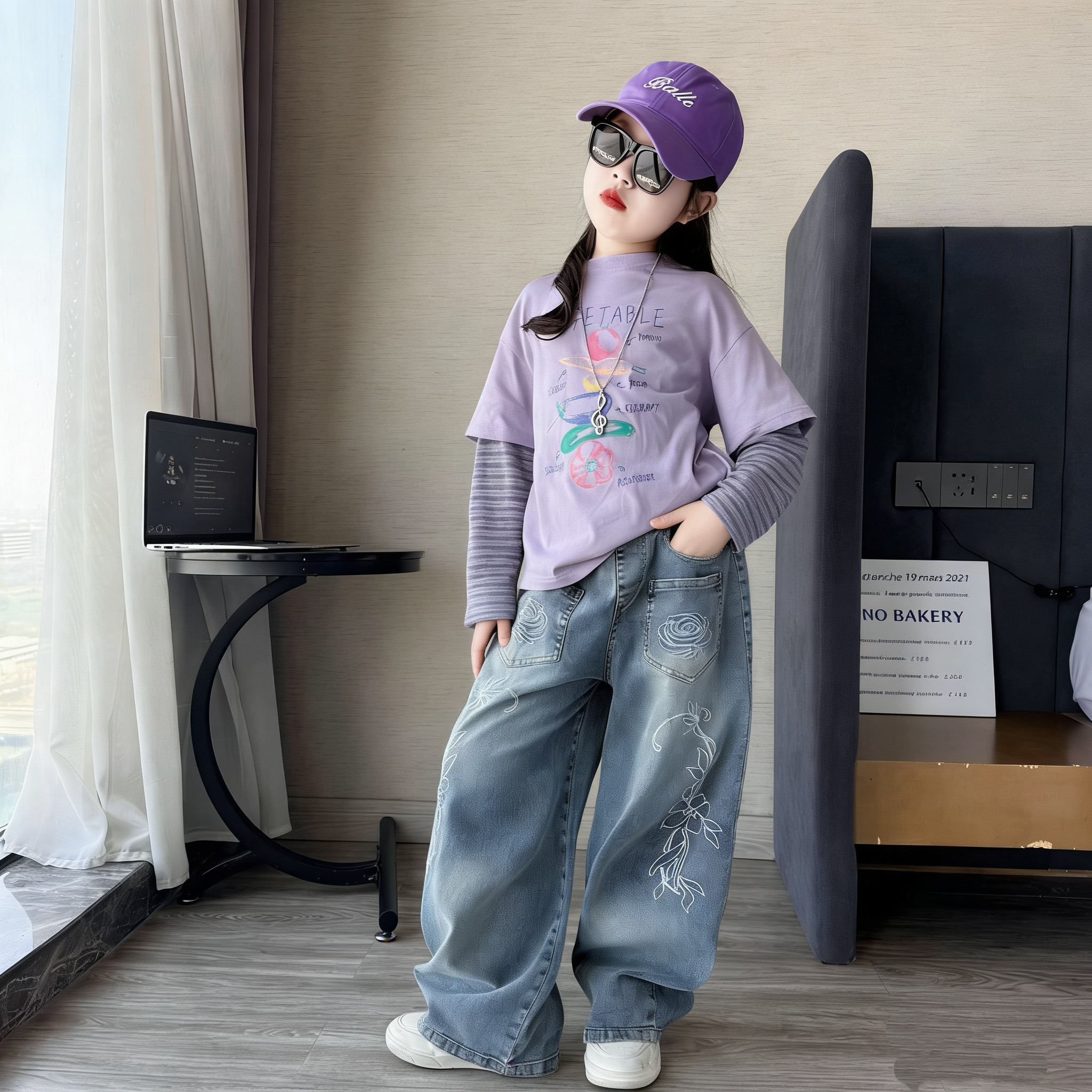 女童假两件卫衣牛仔阔腿裤套装