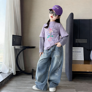 超好看女童春秋紫色假两件卫衣设计感复古刺绣牛仔阔腿裤洋气套装