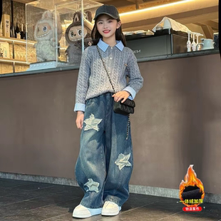 学院风女童POLO领毛衣美式设计感兔耳朵加绒牛仔弯刀裤洋气套装潮