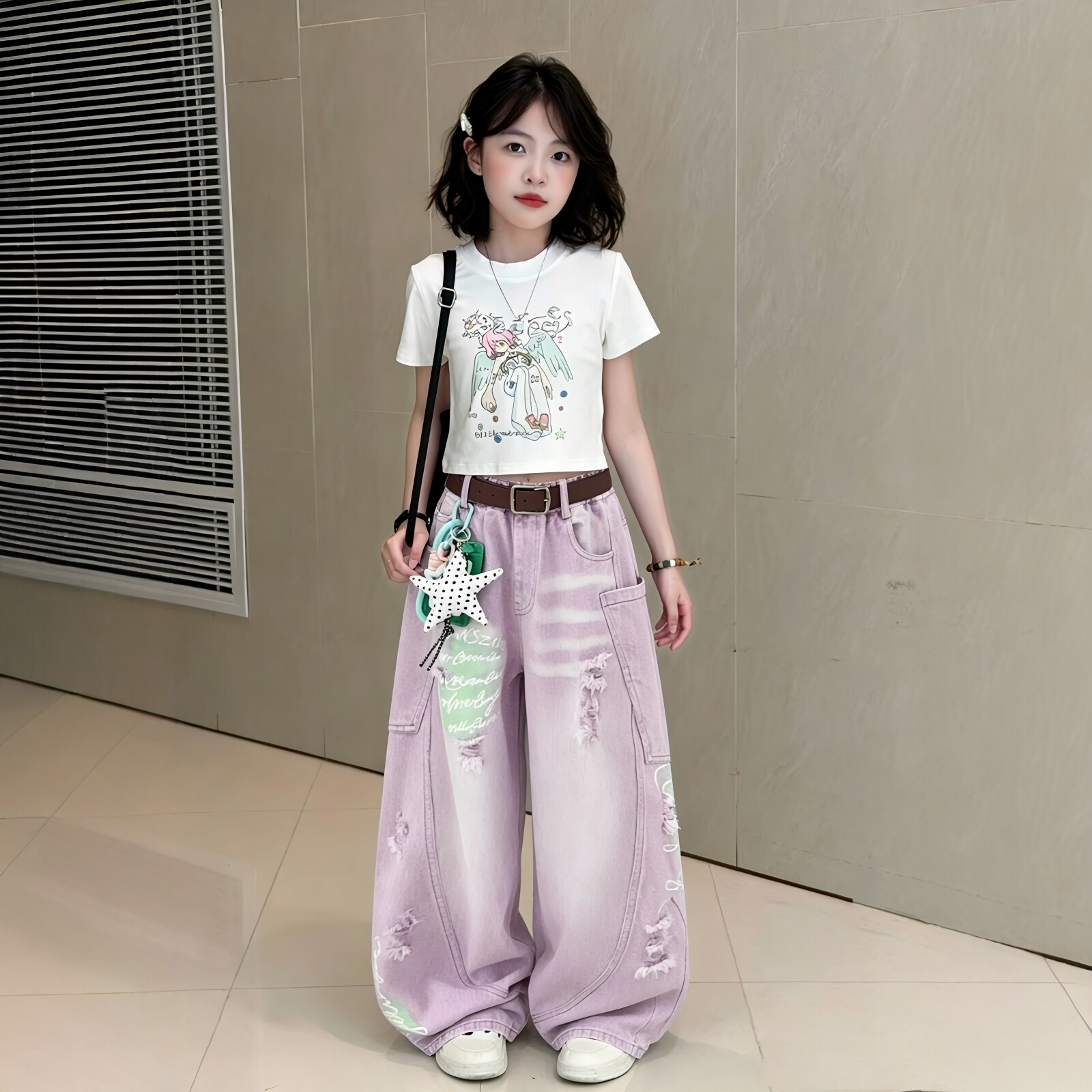 女童紫色破洞牛仔弯刀裤短袖套装