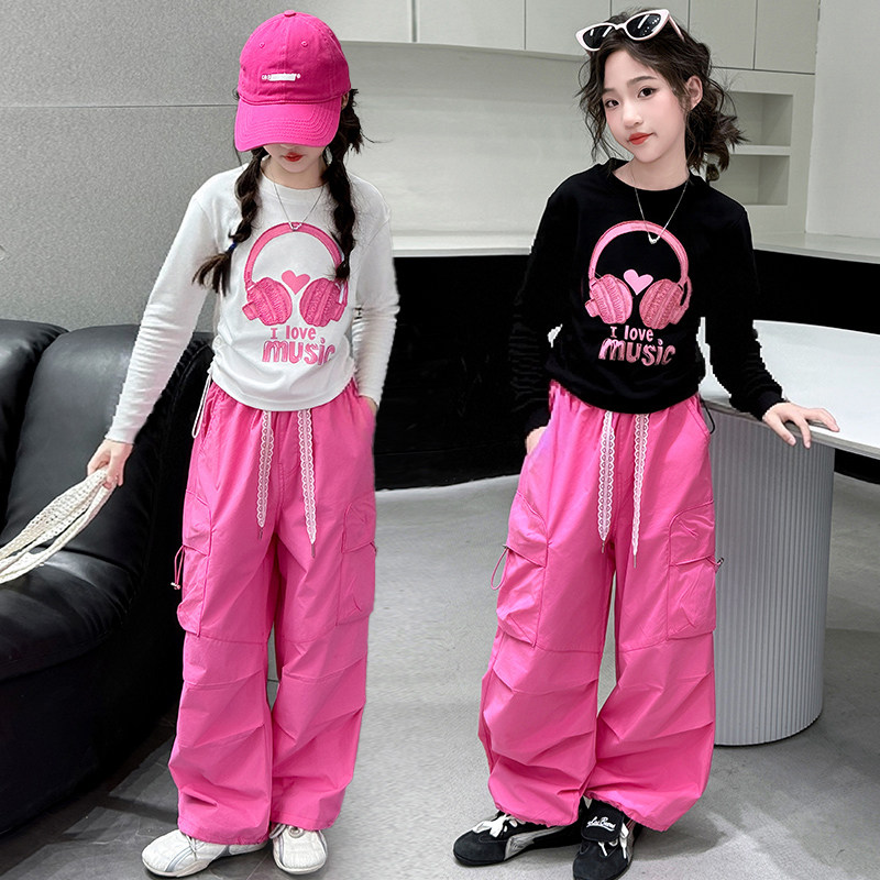 女童秋季时尚耳机刺绣打底衫多巴胺糖果色工装阔腿裤爵士跳舞套装