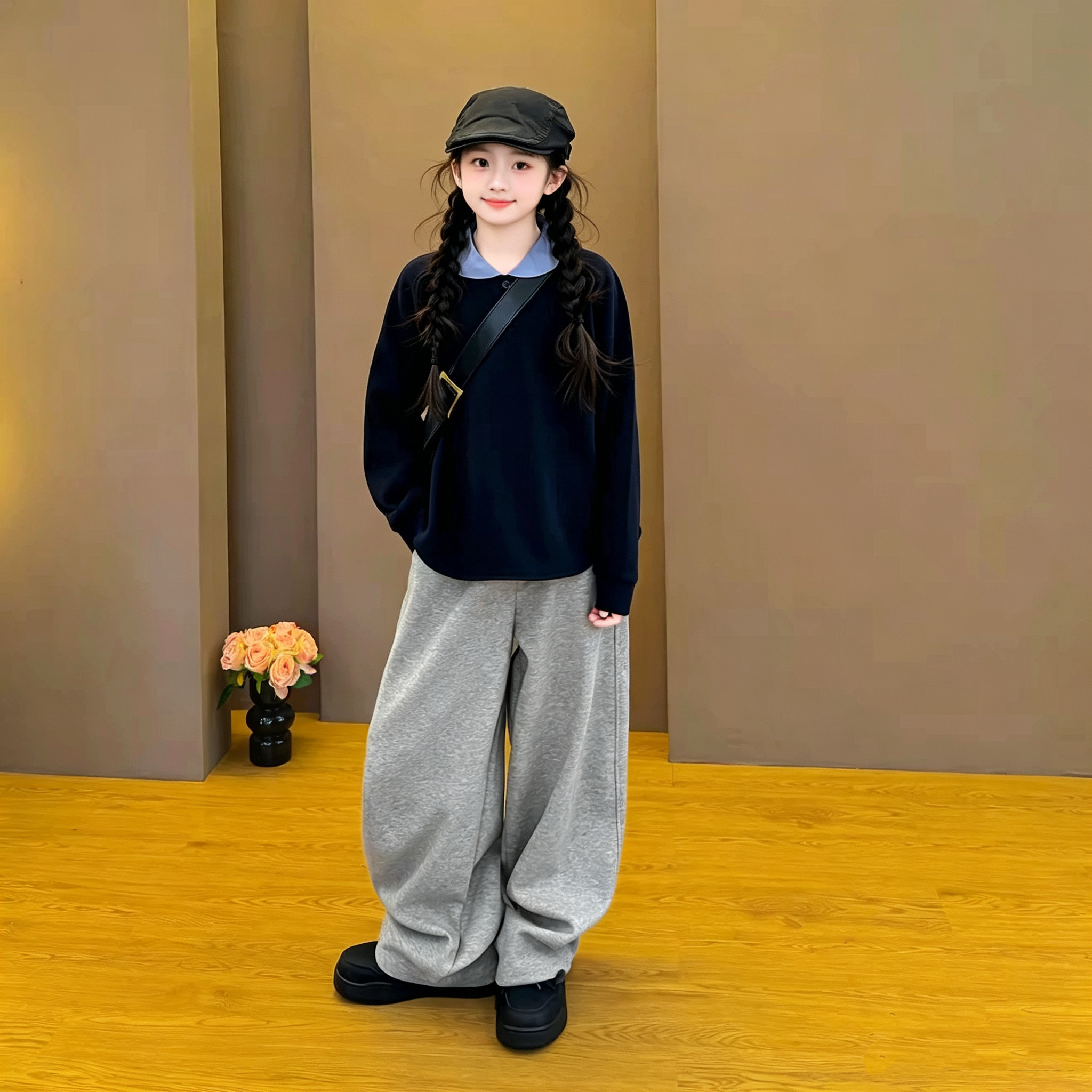 女童韩系娃娃领卫衣休闲裤套装