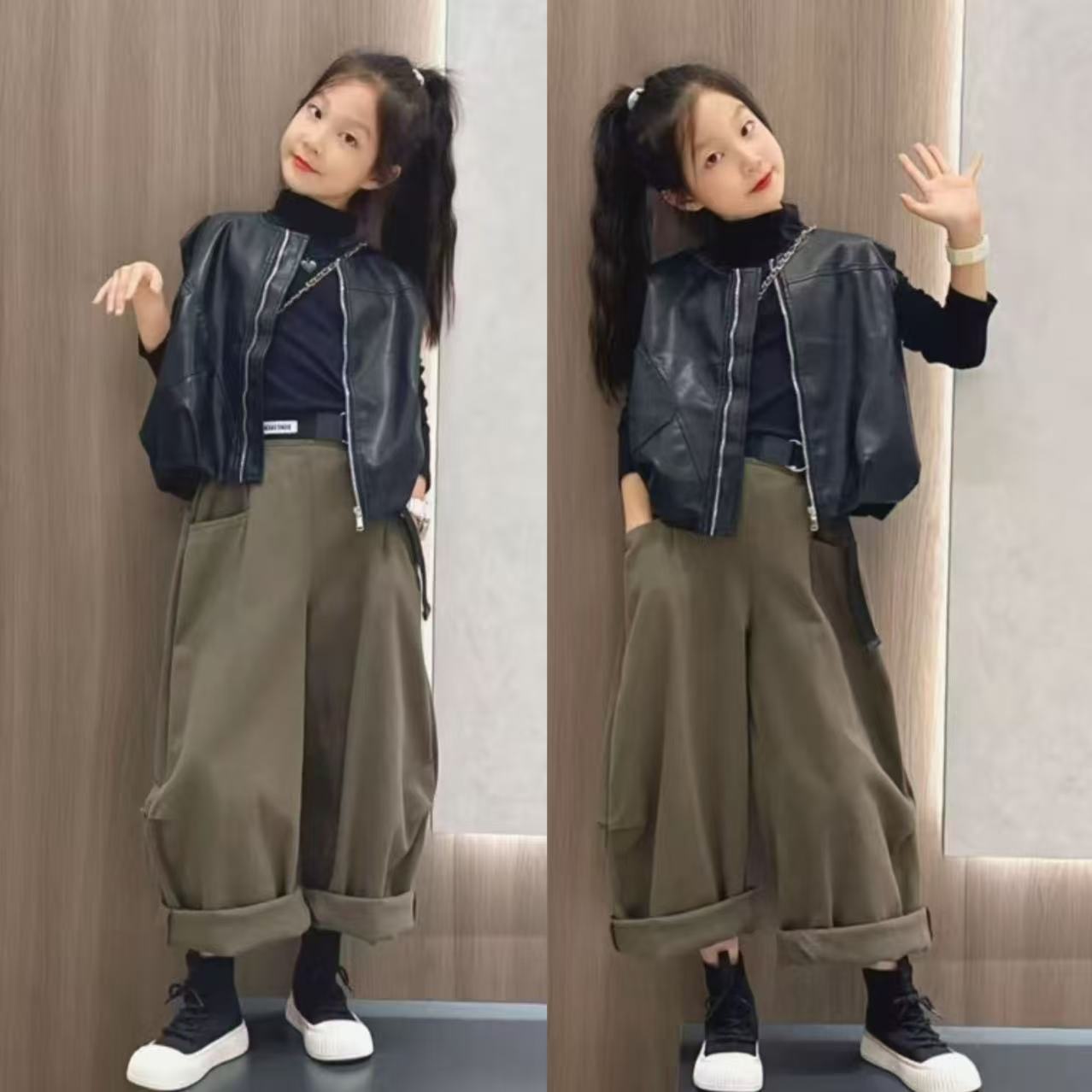 女童超好看洋气穿搭短款拉链皮衣马甲打底衫军绿色休闲裤三件套潮