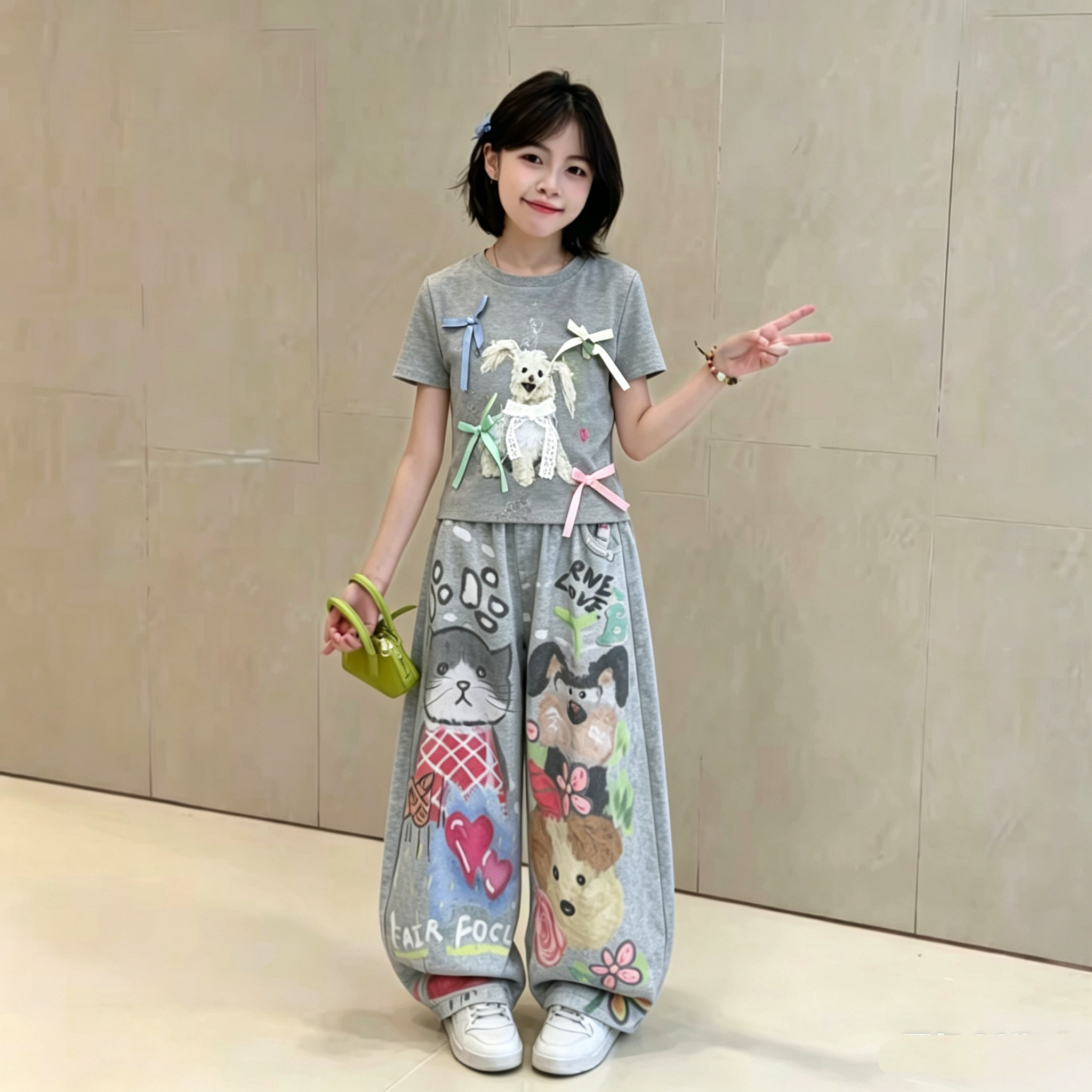 女童彩色蝴蝶结短袖涂鸦裤套装