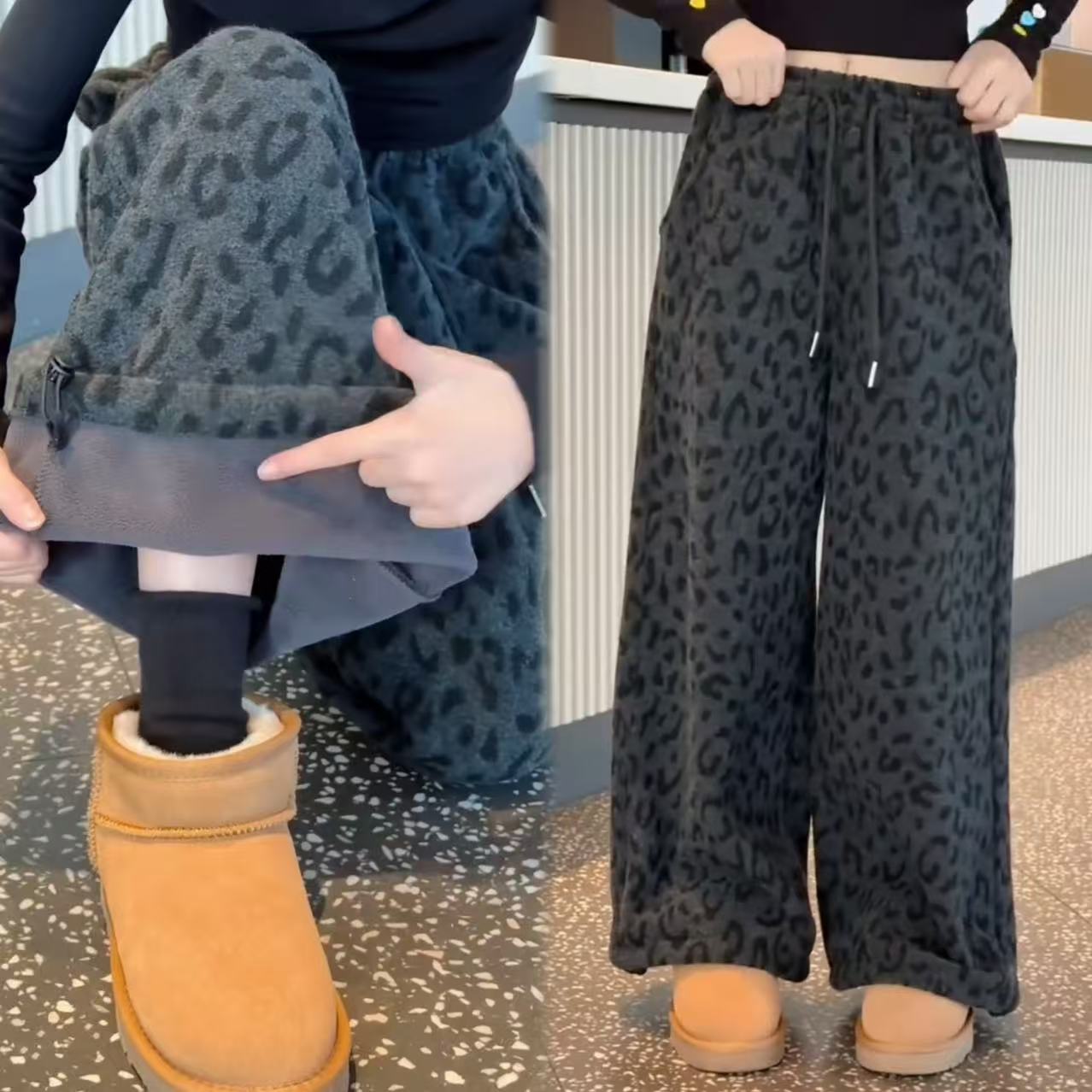 女童黑灰色加绒美式豹纹阔腿裤