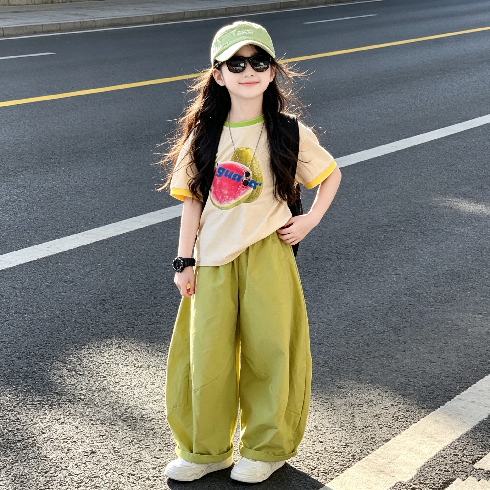 女童水果印花短袖弯刀裤休闲套装