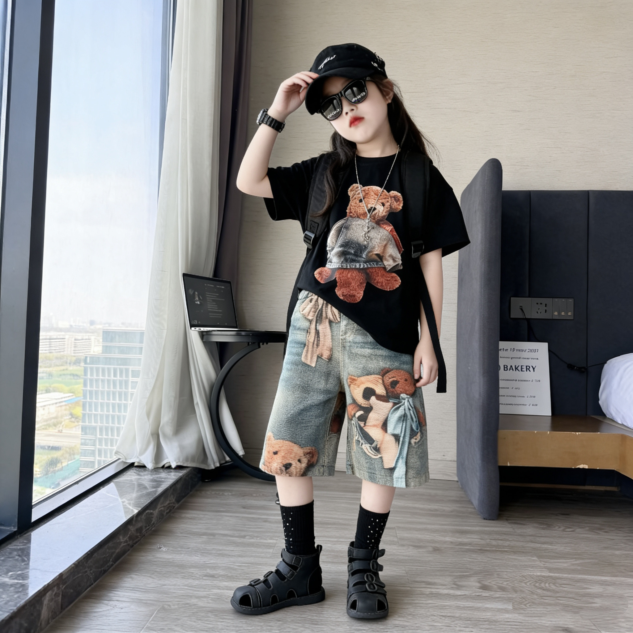 女童卡通短袖小熊牛仔中裤套装