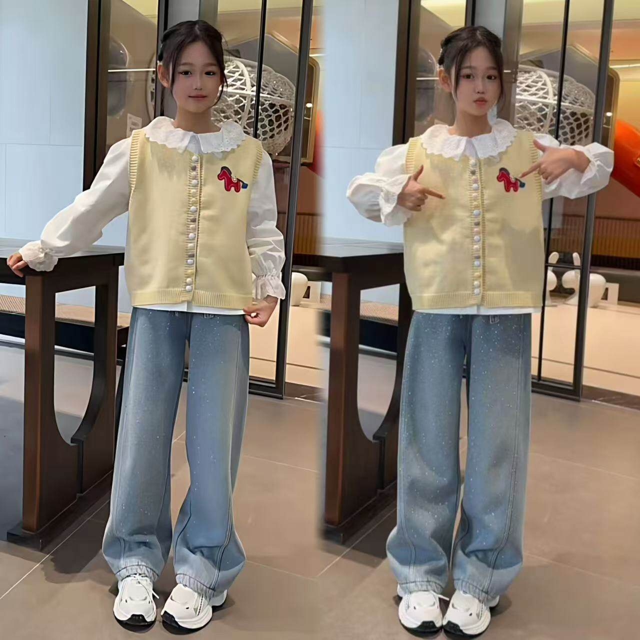 女童背心娃娃领衬衫牛仔裤三件套