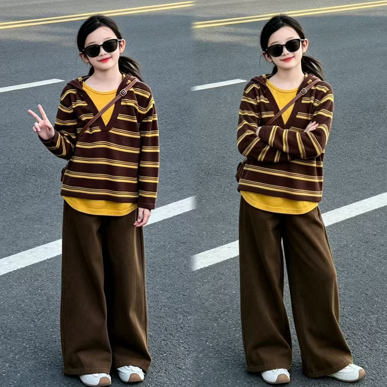 女童假两件连帽针织衫阔腿裤套装