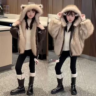 秋冬美拉德色气质保暖女童仿皮草两面穿加绒连帽皮衣超好看外套潮