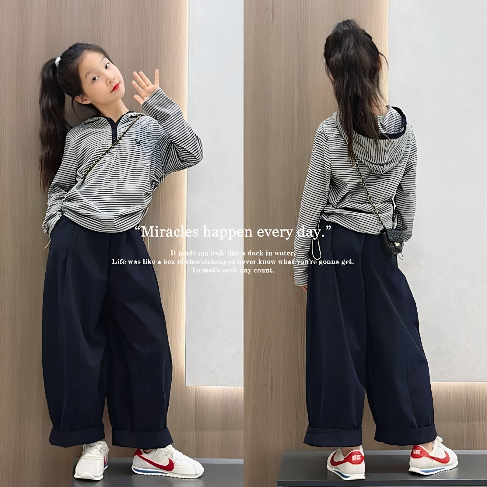 女童条纹帽衫棉布弯刀裤套装
