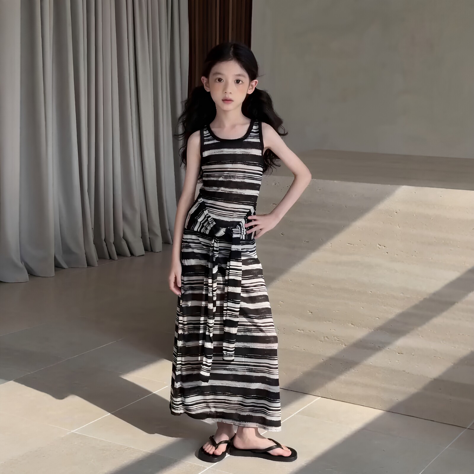 女童美式松弛感假两件条纹背心裙