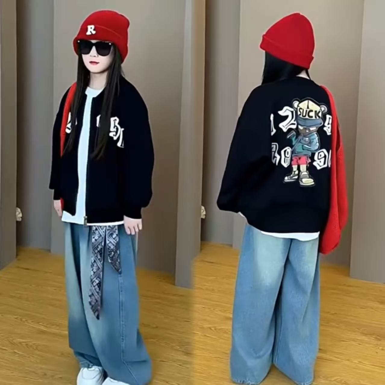 女童秋季潮酷休闲卡通印花棒球服外套百搭牛仔弯刀裤洋气套装韩版