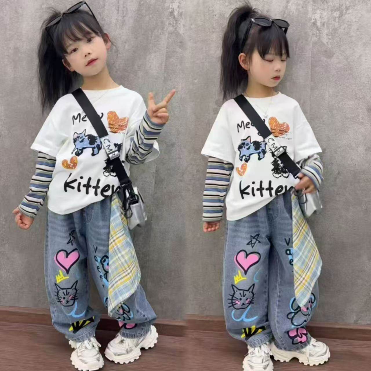 女童假两件条纹拼接长袖T恤美式设计感多巴胺手绘涂鸦弯刀裤套装