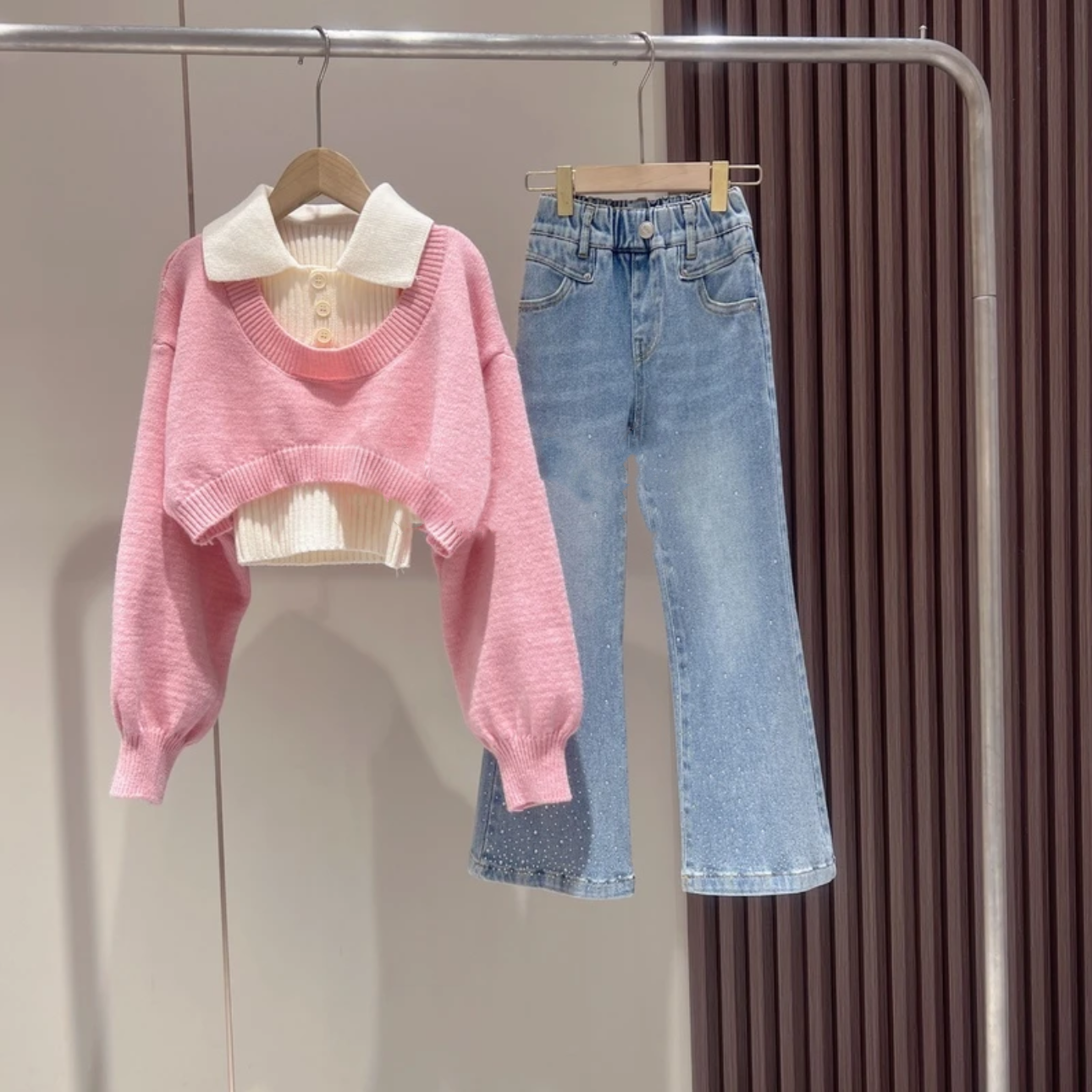 女童Polo毛衣牛仔喇叭裤三件套