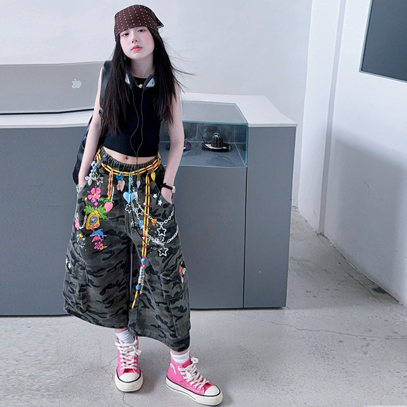 美式复古大口袋涂鸦七分裤女童黑色背心工装迷彩阔腿裤炸街套装潮