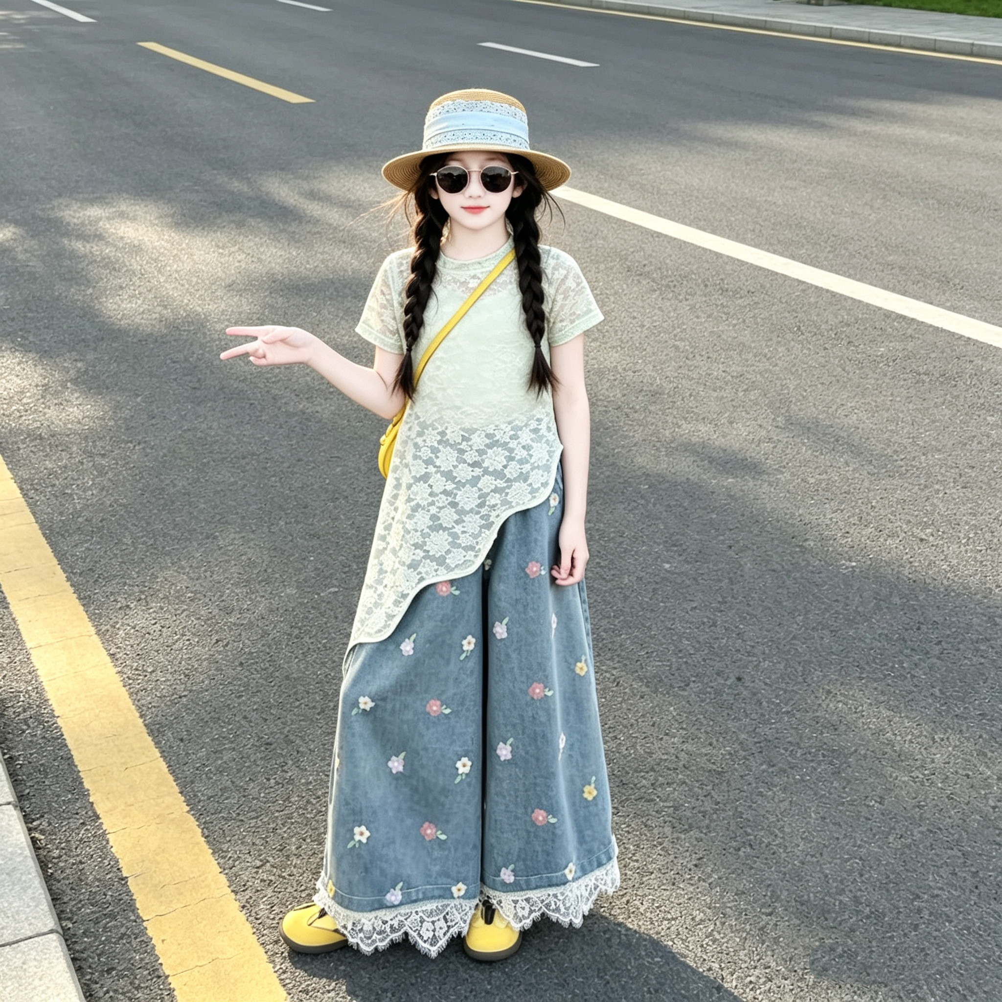 女童短袖蕾丝罩衫阔腿裤三件套
