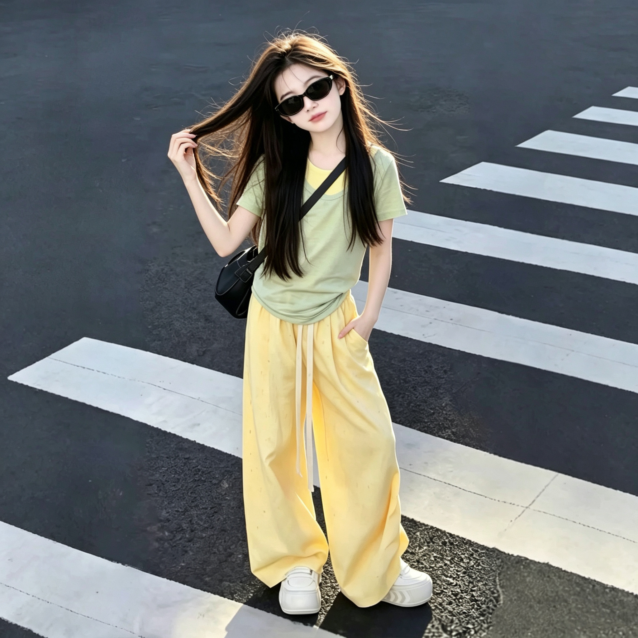 女童夏季巨好看三件套初中生多巴胺叠穿背心短袖阔腿裤韩系穿搭潮