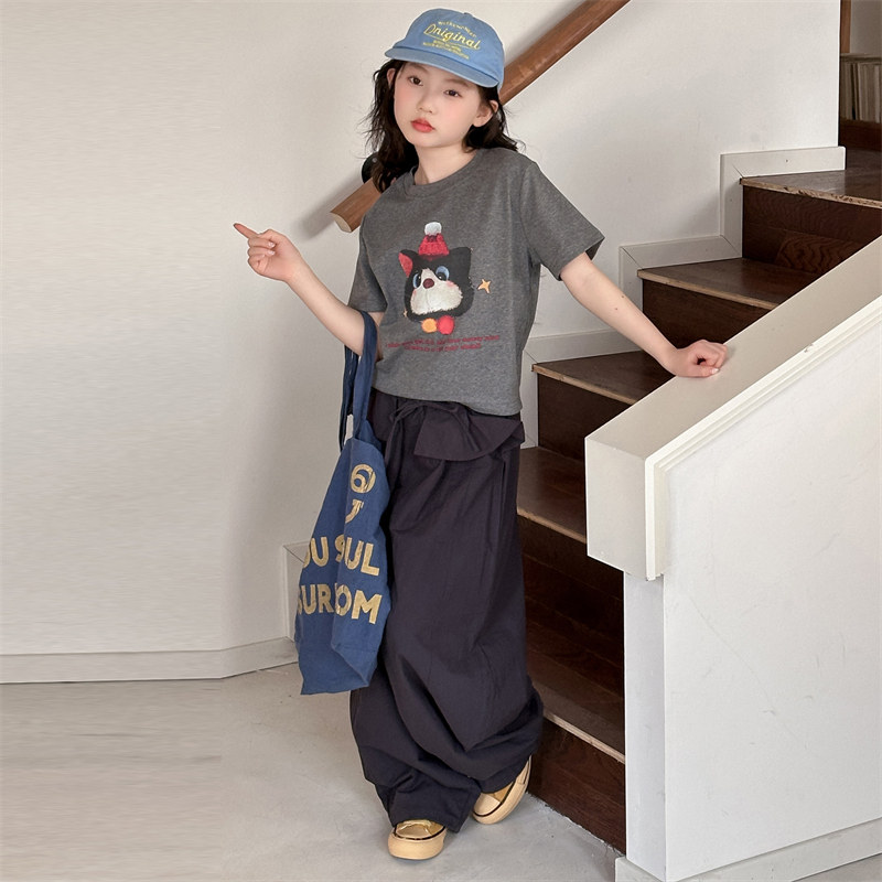 夏季女童萌趣卡通猫咪印花短袖设计感工装休闲裤中大童时髦套装潮