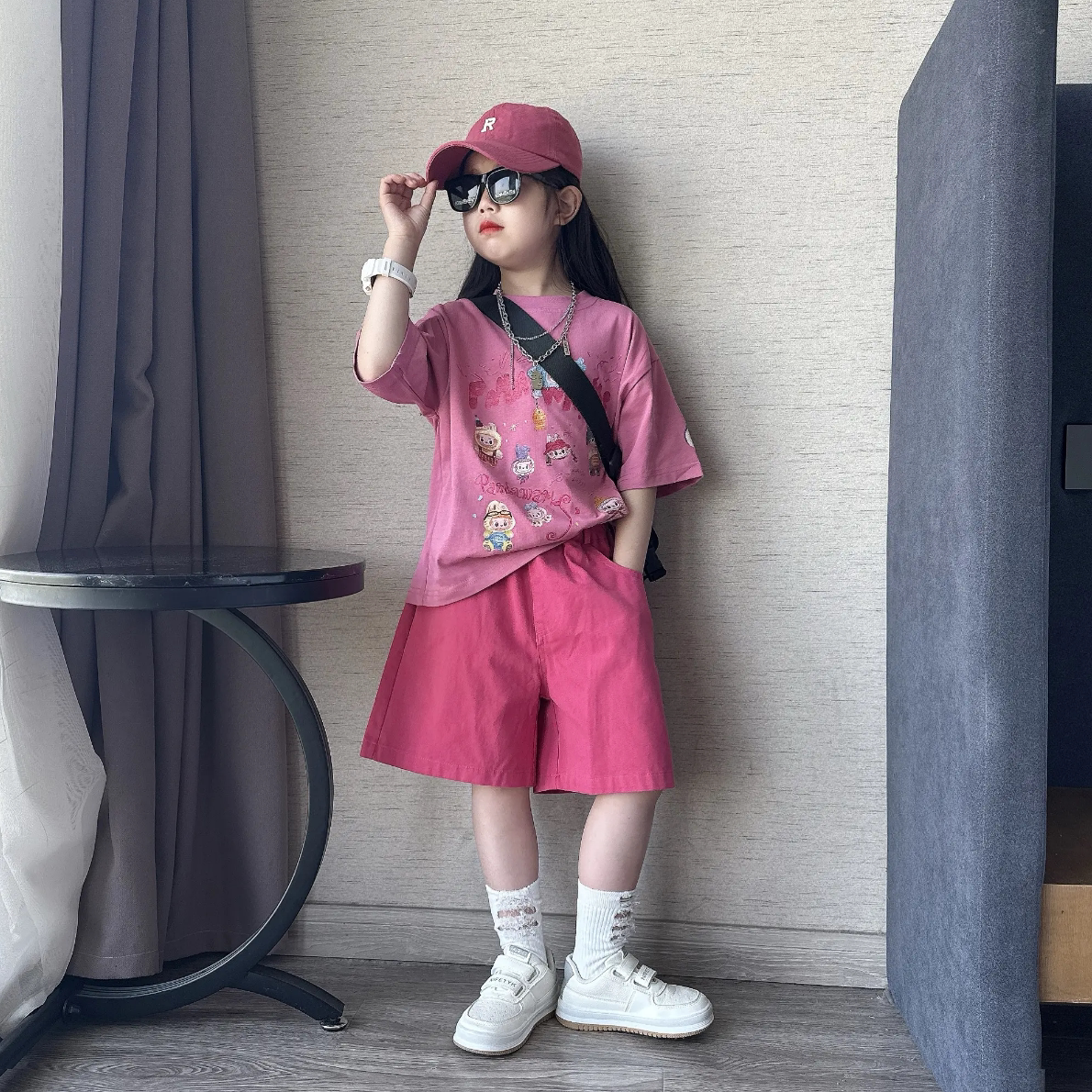 女童卡通短袖棉布五分裤时尚套装