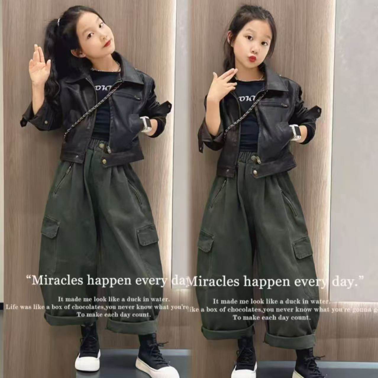 女童秋季潮酷PU机车短款皮衣军绿色拉链口袋工装裤痞帅炸街套装潮