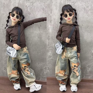 套装 女童高级感春季 潮酷牛仔裤 百搭连帽上衣设计感卡通美式 潮 修身