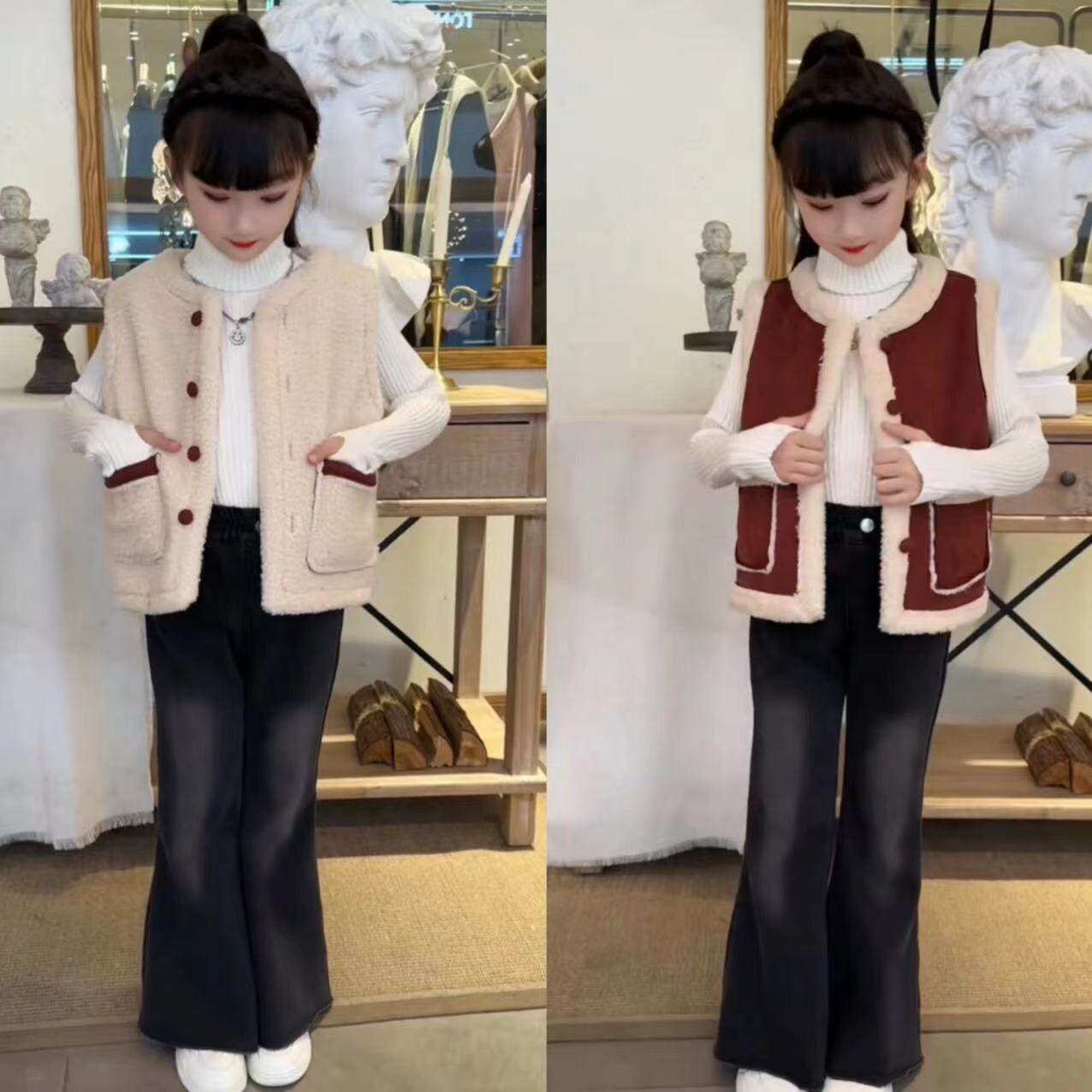 秋冬女童皮毛一体双面穿马甲高领打底毛衣牛仔喇叭裤韩版三件套潮
