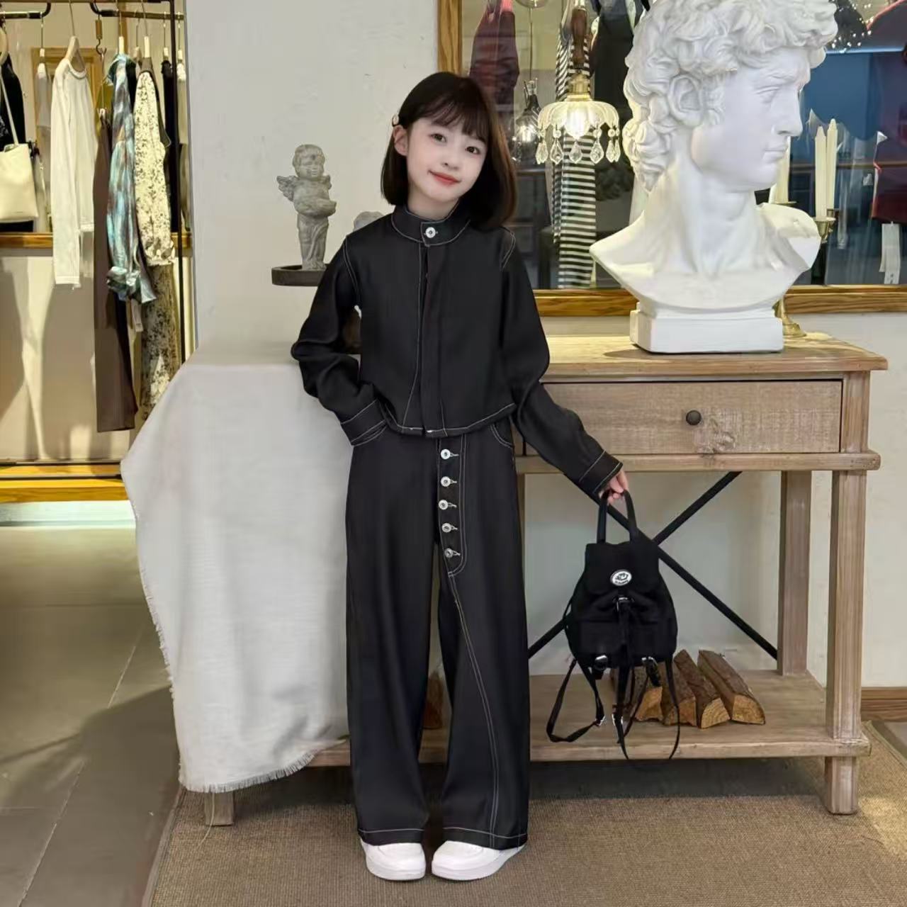 女童原色牛仔外套阔腿裤套装