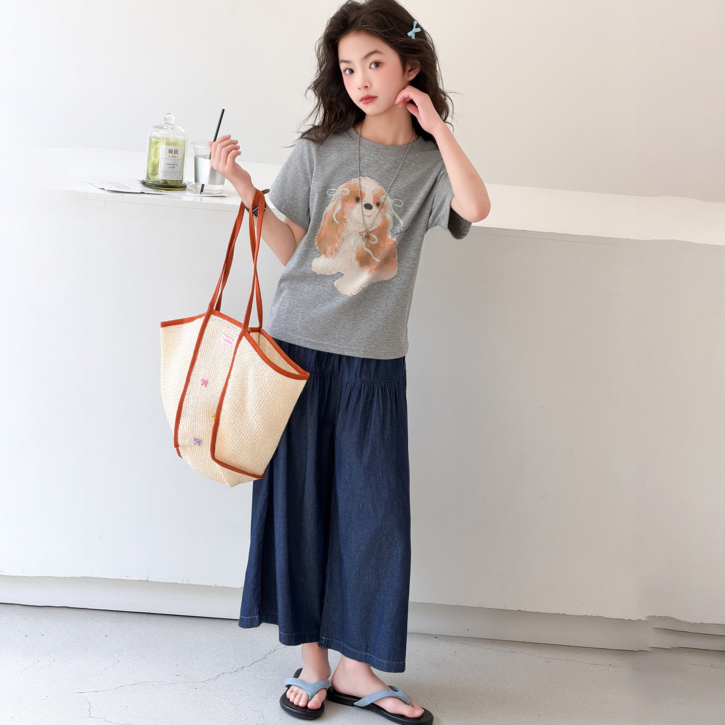 女童呆萌狗狗印花短袖七分裙裤套