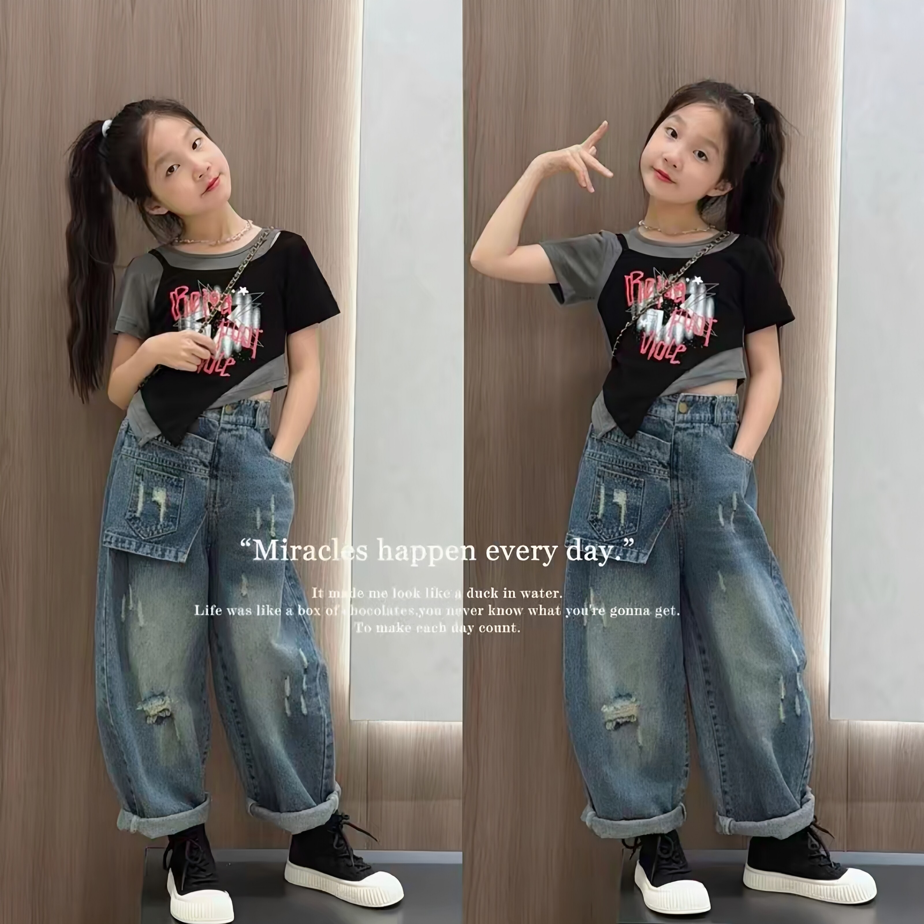 女童假两件短袖牛仔裤炸街套装