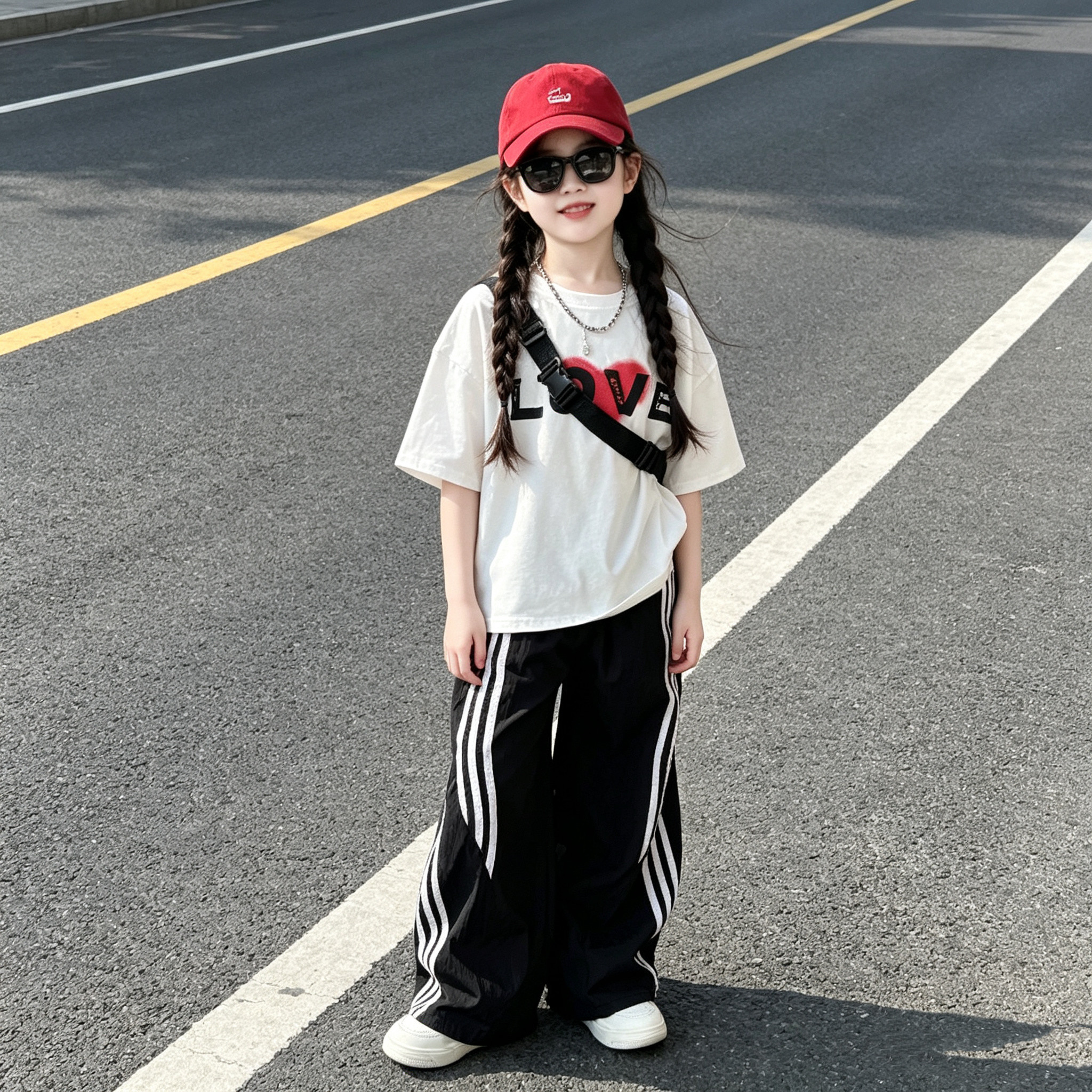 女童爱心字母短袖拉条阔腿裤套装