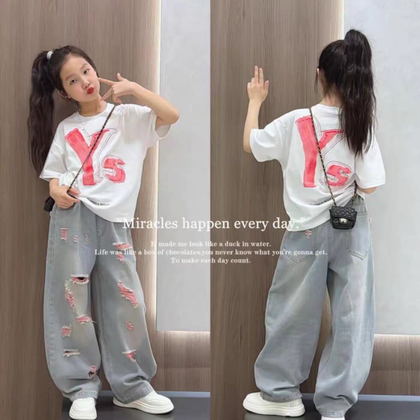 女童字母宽松短袖破洞牛仔裤套装