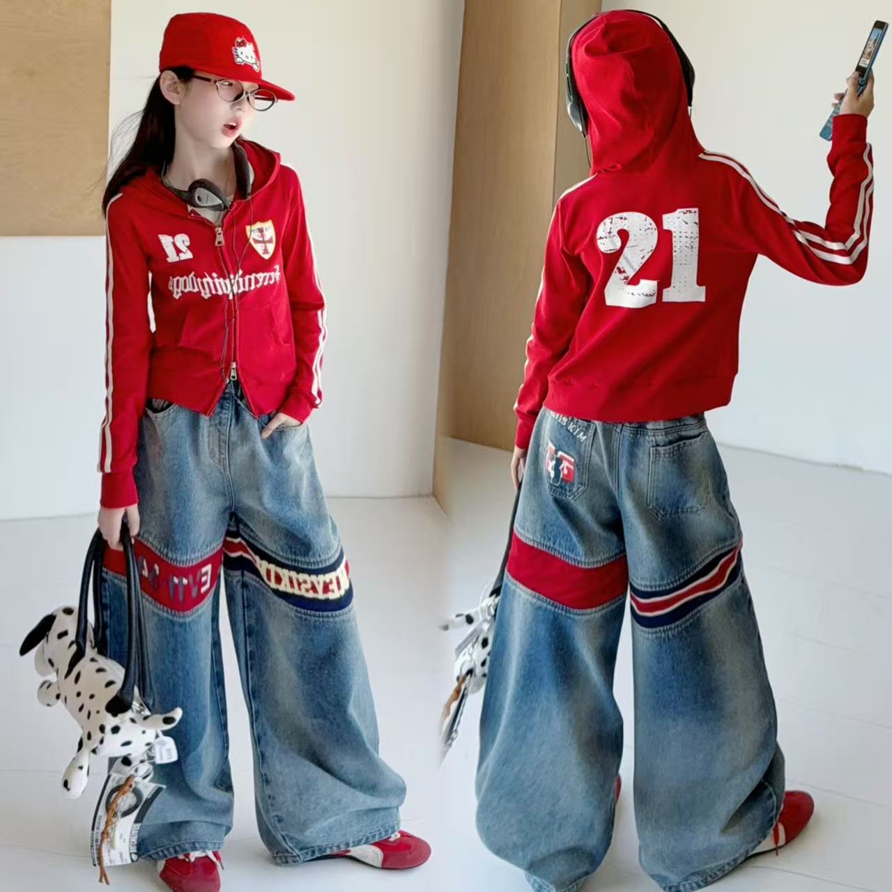 女童美式连帽卫衣外套牛仔裤套装