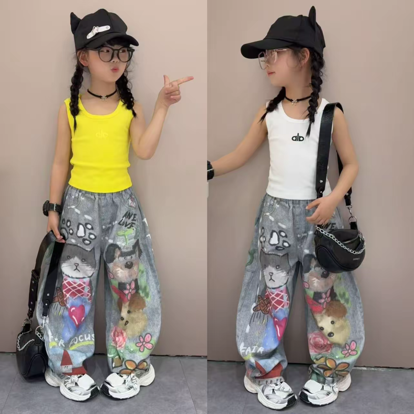 女童背心套装美式甜酷工字潮酷吊带炸街涂鸦牛仔裤爵士舞两件套夏