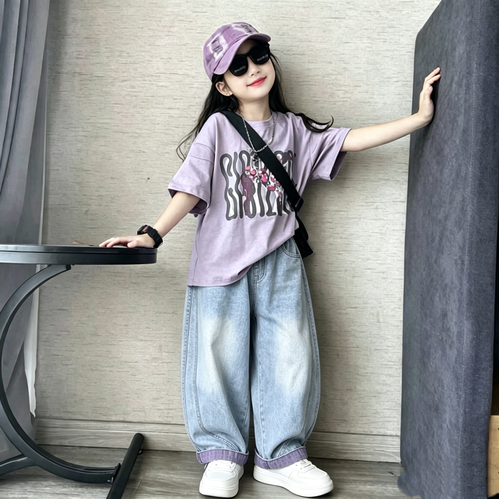 女童短袖百搭撞色牛仔弯刀裤套装